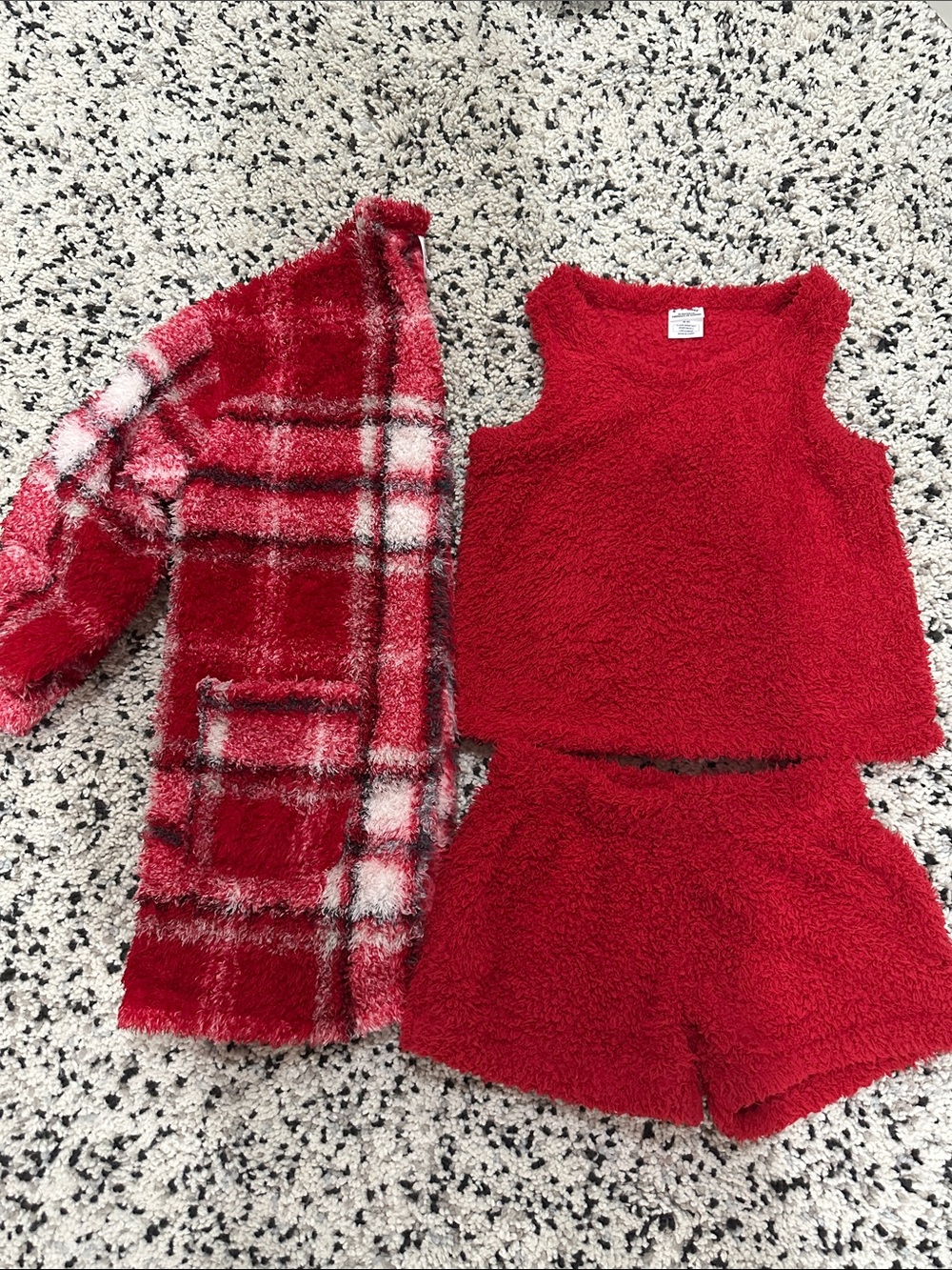 art class Red Fuzzy Tank, Shorts &‎ Plaid Cardigan Set